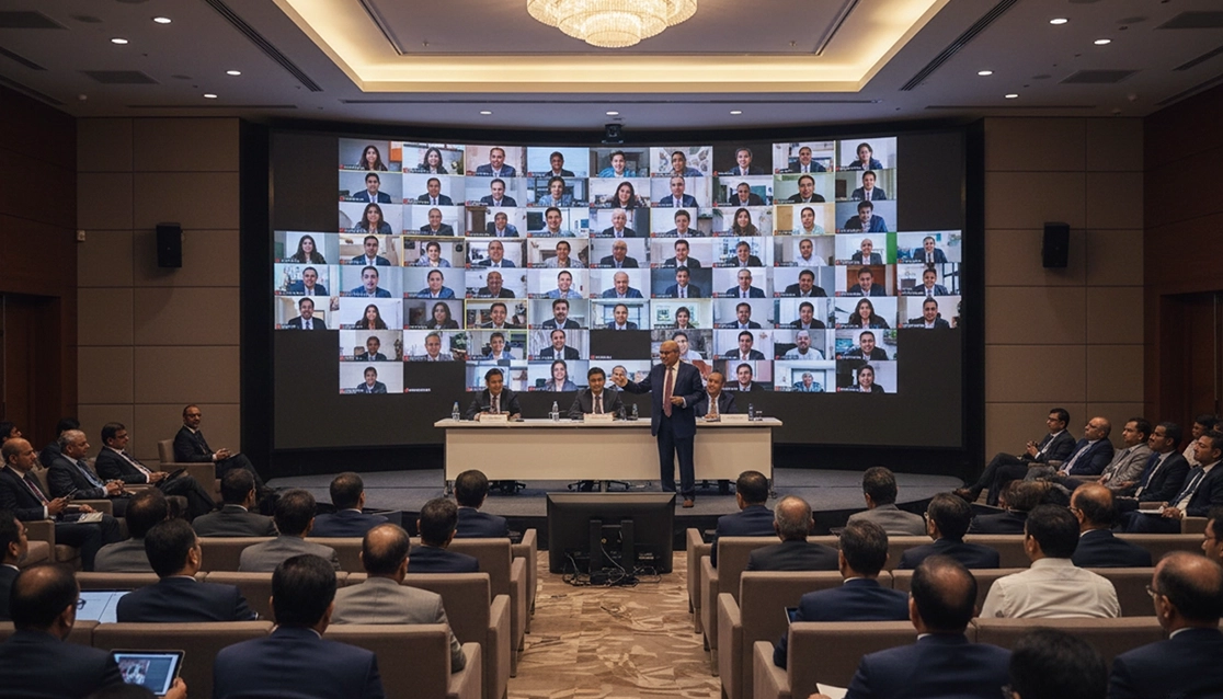 Annual general meeting event setup in Trichy with stage branding and audience seating