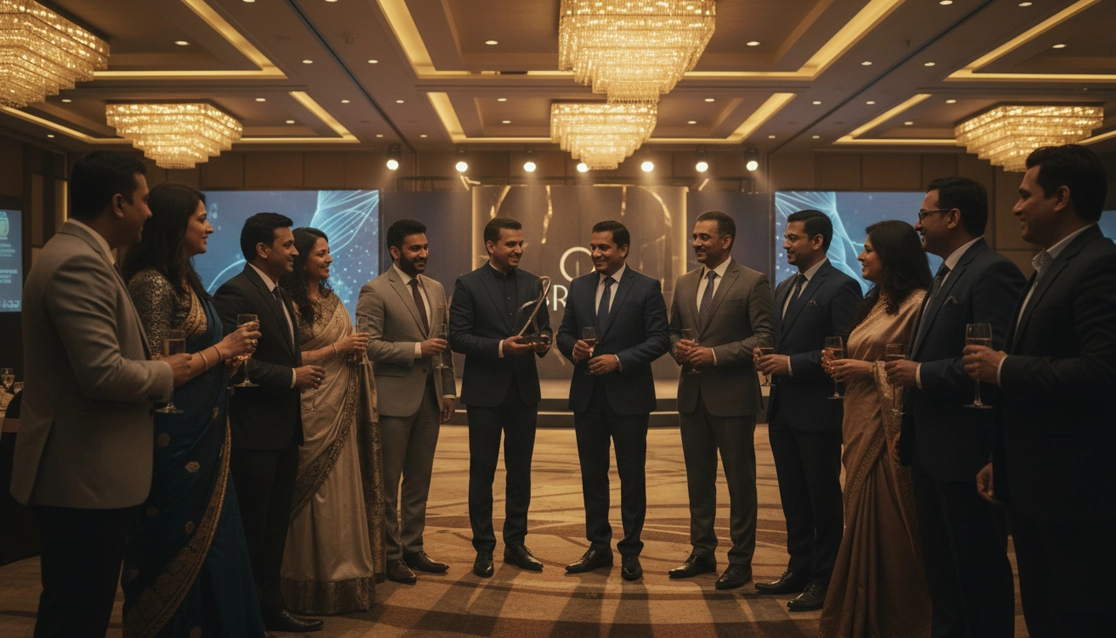 Award ceremony event with suited participants on stage receiving honors & applause