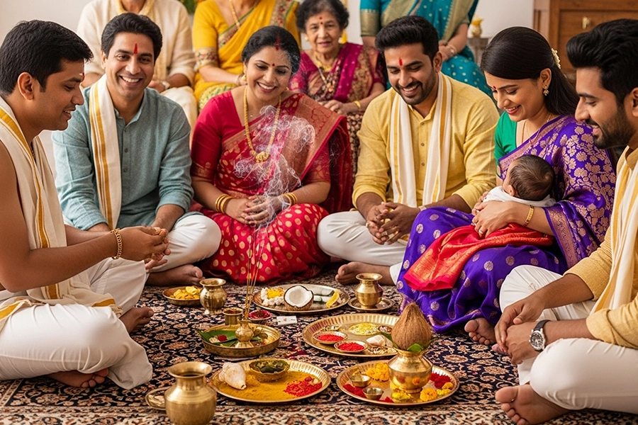 Newborn baby naming function setup in Trichy with cradle decor stage flowers and lighting