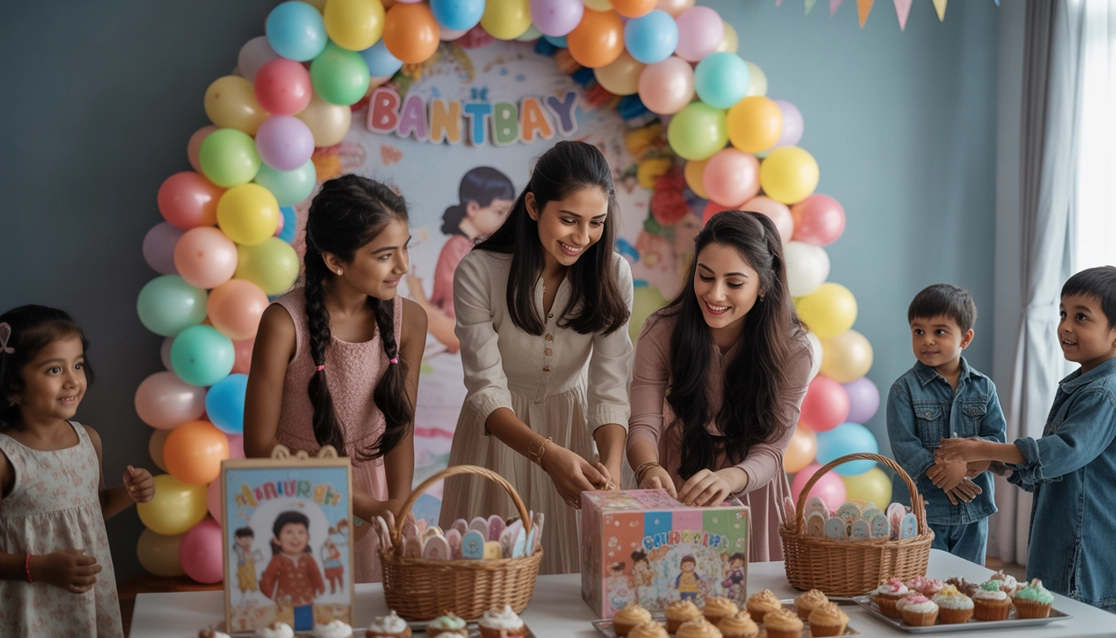 Birthday planner & organizer banner with bright balloons, cake, & party celebration happy fun scene
