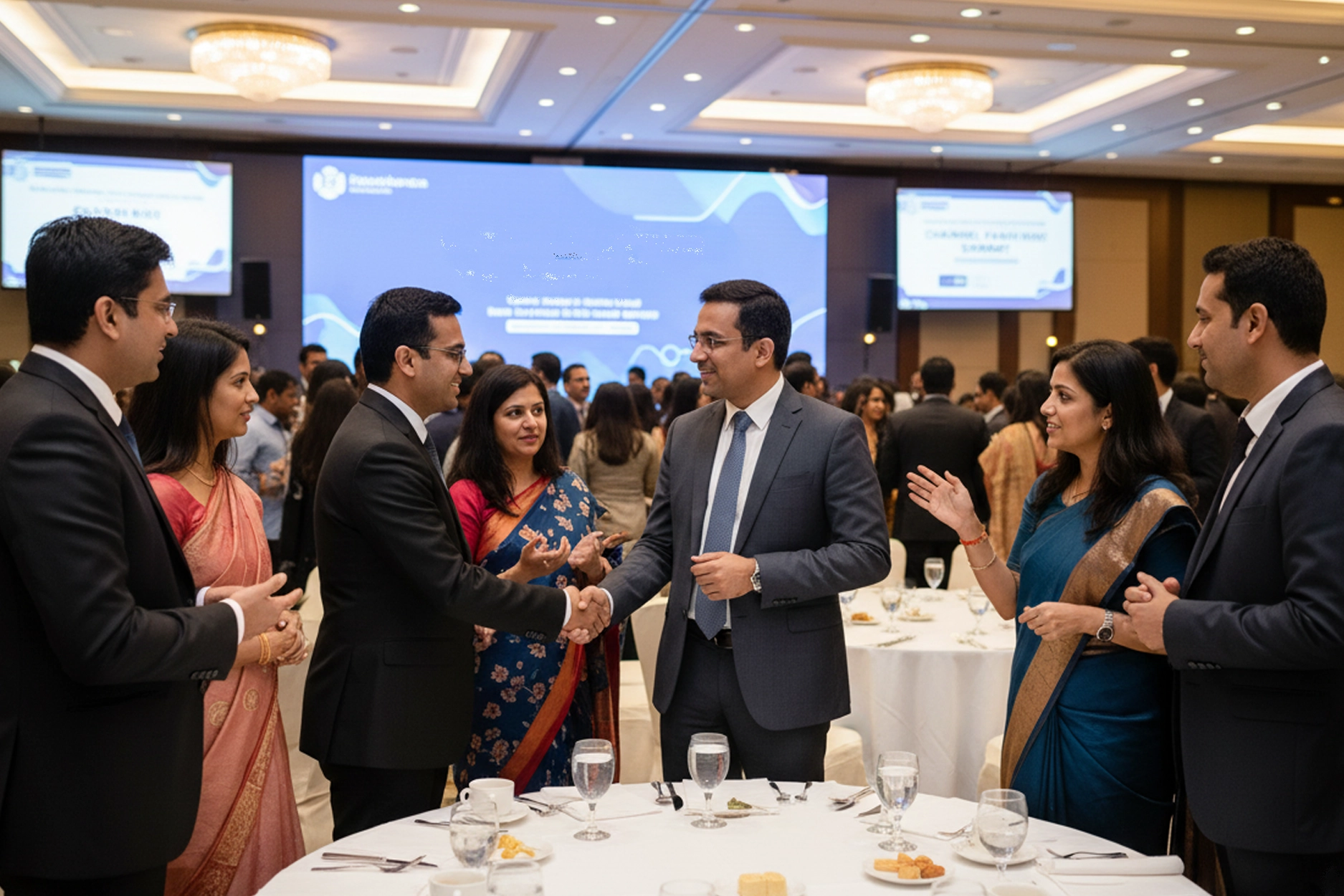 Channel partner meet event setup with presentations networking sessions & branding displays