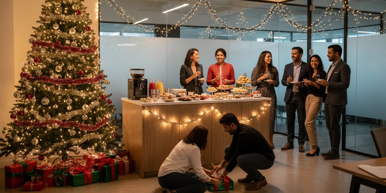 Christmas Event Celebration In Trichy With Festive Decor Stage Lighting Santa Setup, & Guest Joy Moments