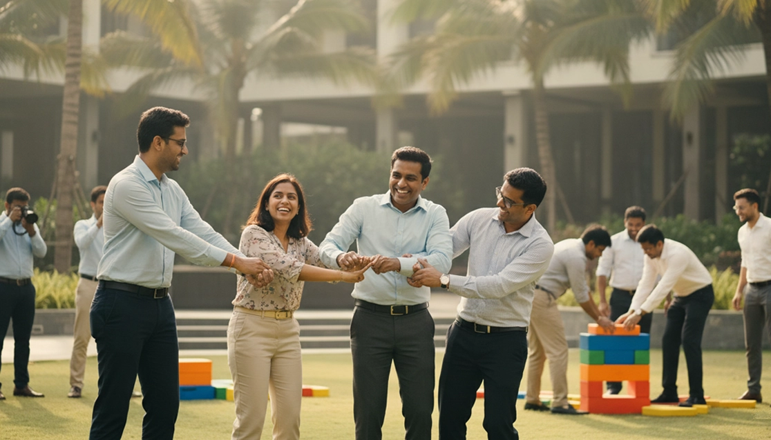 Corporate team-building event in Trichy with employees participating in interactive activities