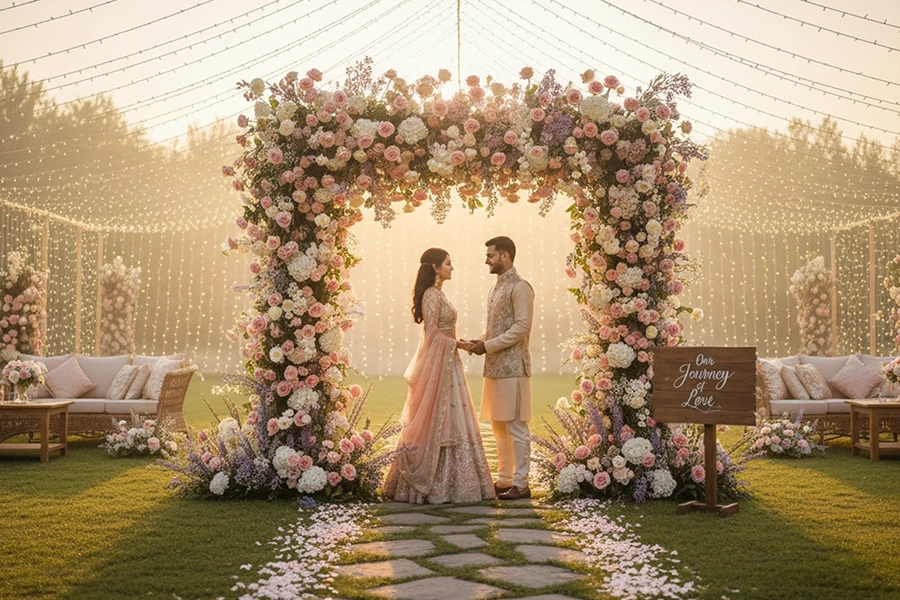 Couples' anniversary celebration with decorated stage floral backdrop and joyful guest gathering