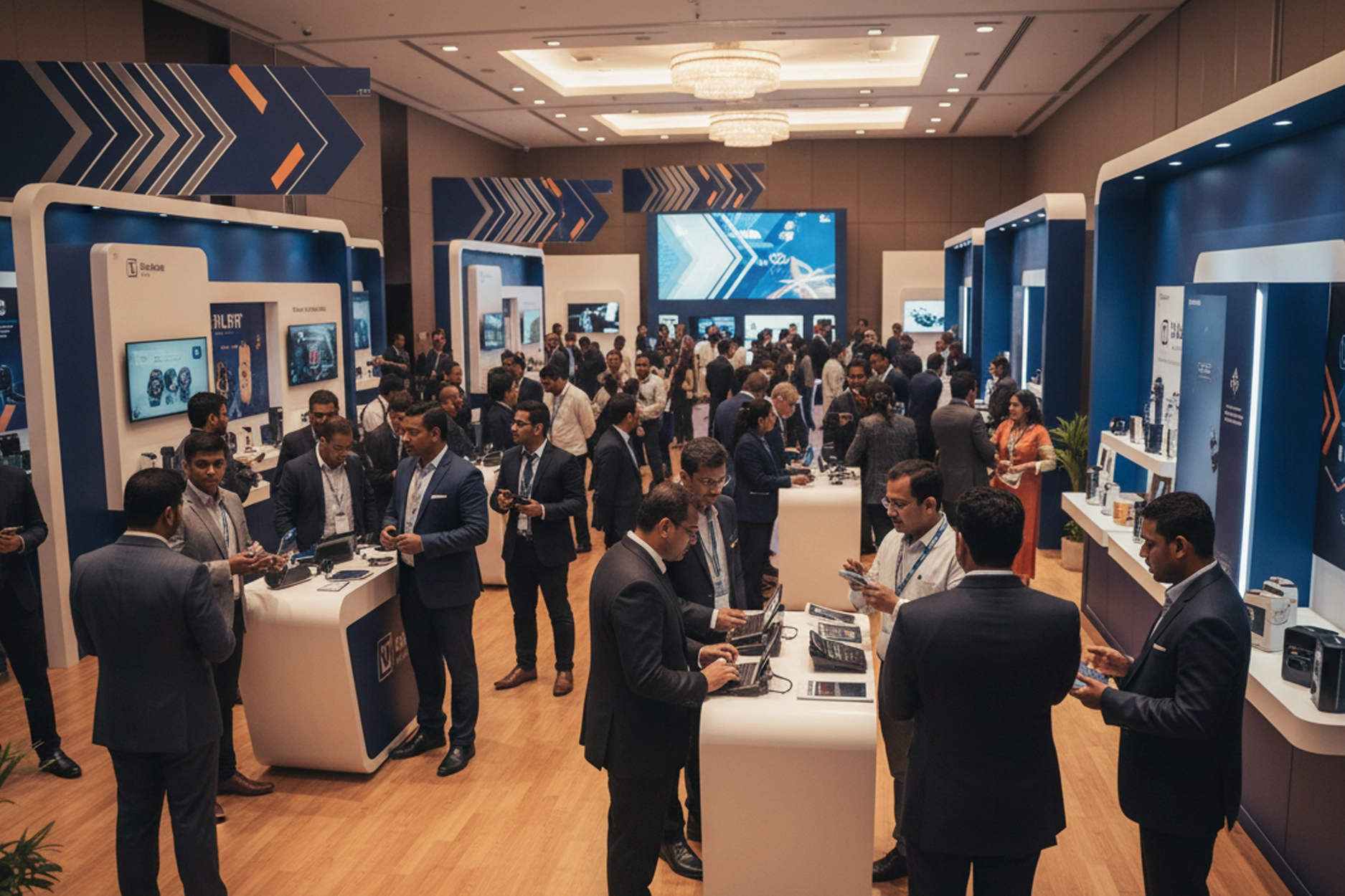 Dealers meet corporate event setup with stage branding presentations and partner networking