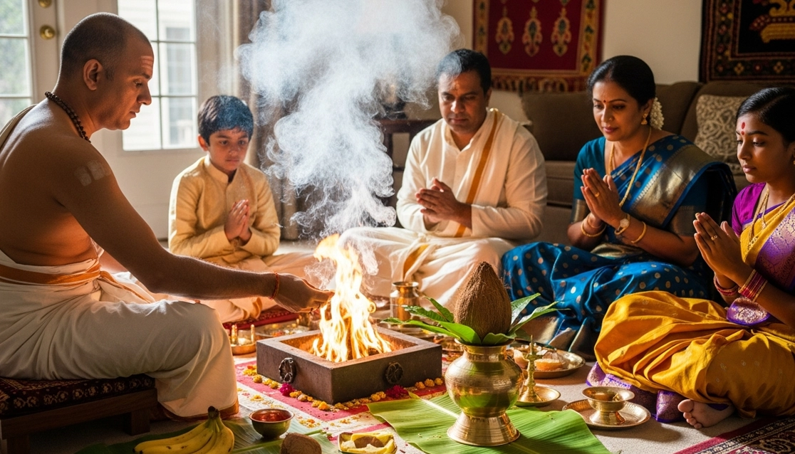 Housewarming ceremony decoration in Trichy with floral entrance pooja setup and seating