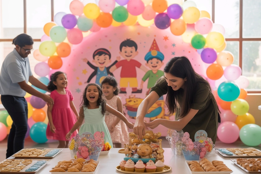 Kid birthday celebration with colorful balloons and cake, games, children playing activities & laughing together