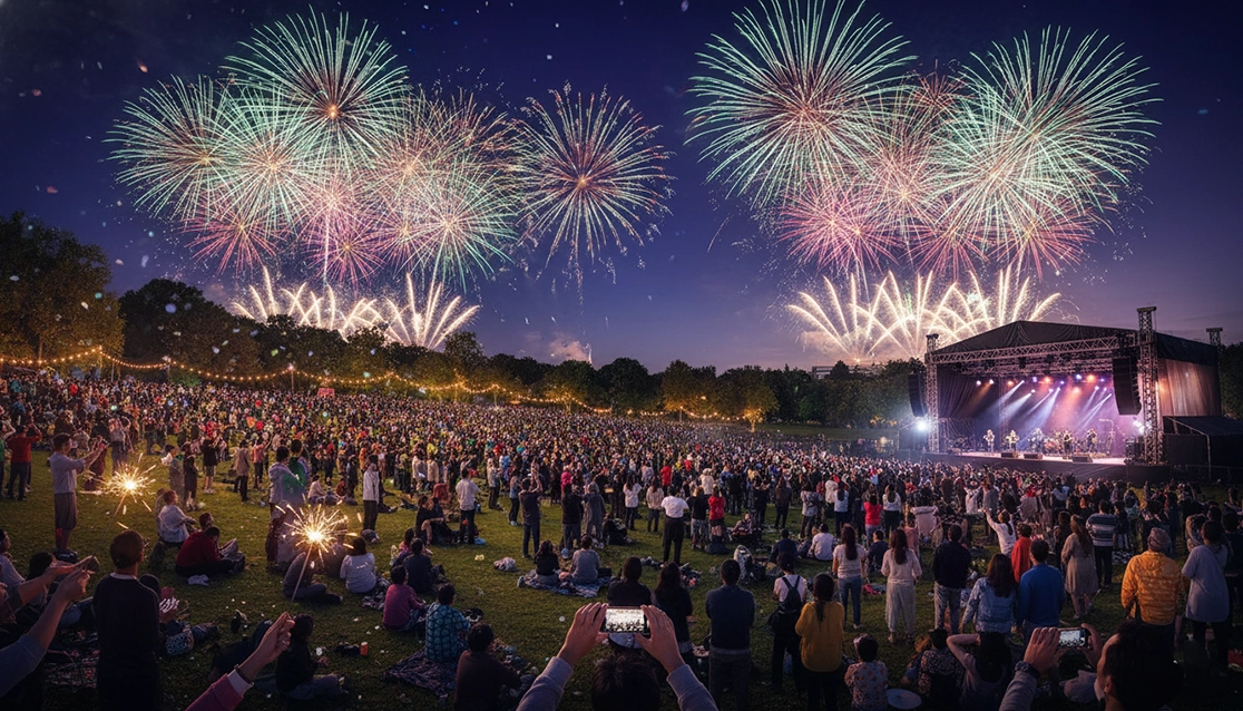 New Year event planning and celebration with themed decor, lighting, music, & joyful guest moments