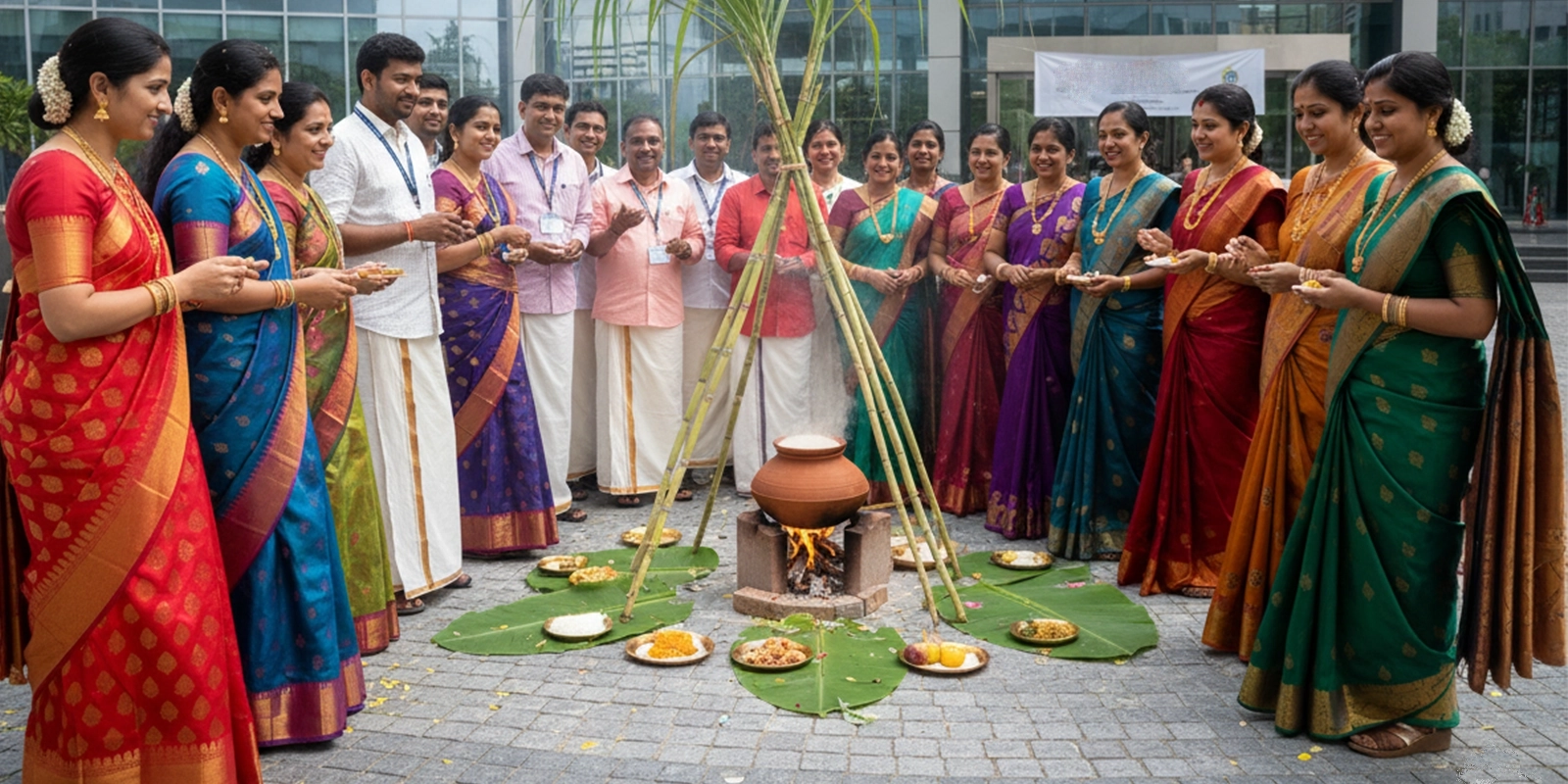 Pongal festival celebration event with traditional decor, festive setup & cultural activities