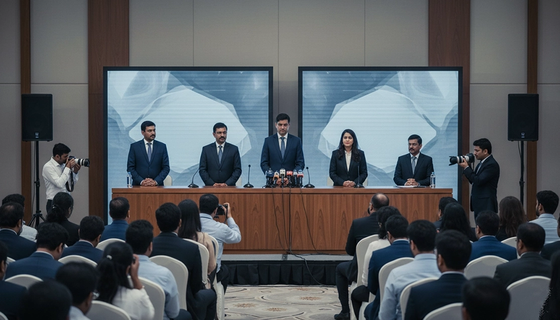 Press conference event setup in Trichy with media backdrop, microphones, and audience seating