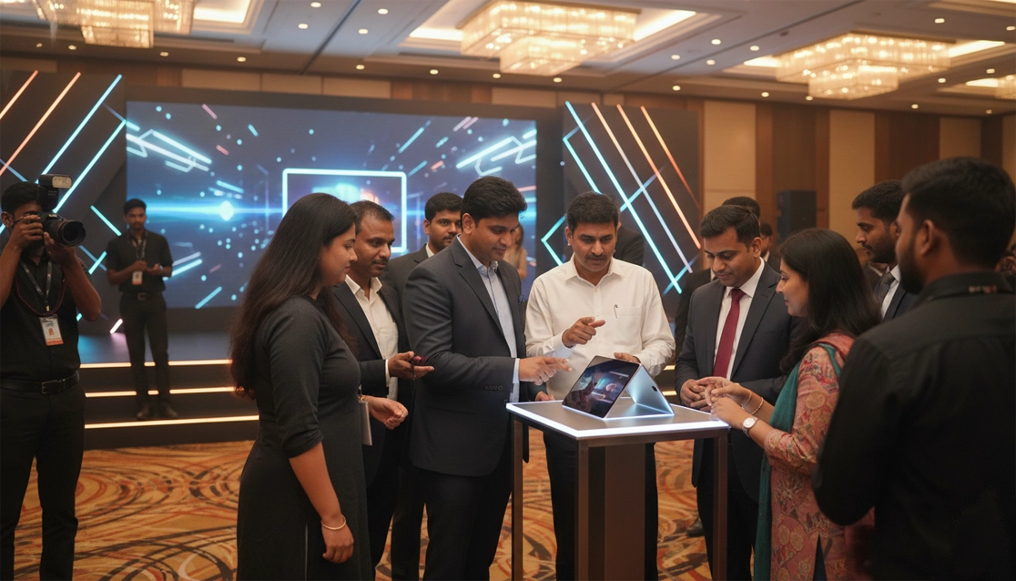 Product launch event in Trichy with stage setup, branding, & corporate attendee participation