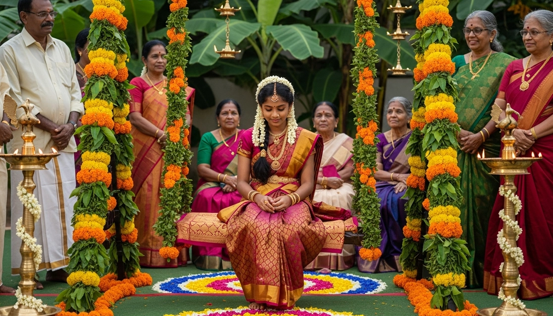 Puberty function event decoration in Trichy with floral stage backdrop, seating, & lighting