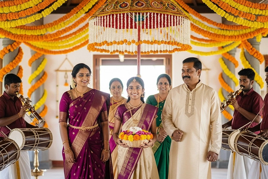 Traditional puberty ceremony setup for girls in Trichy with cultural decor stage and seating