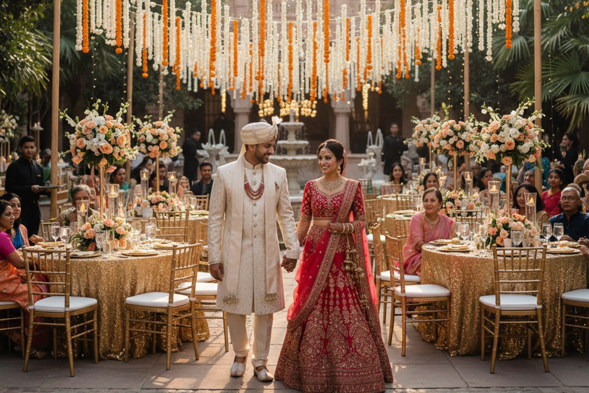 Stylish reception setup featuring floral arrangements, ambient lighting, and luxurious seating