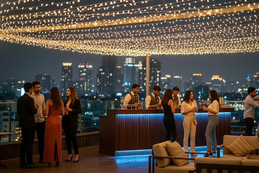 Rooftop get-together event with lighting dining setup, music, &  city view celebration