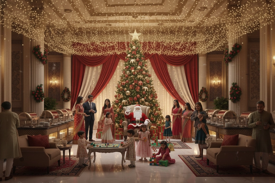 Santa Claus distributing Christmas gifts to children & guests with festive decor & joyful moments