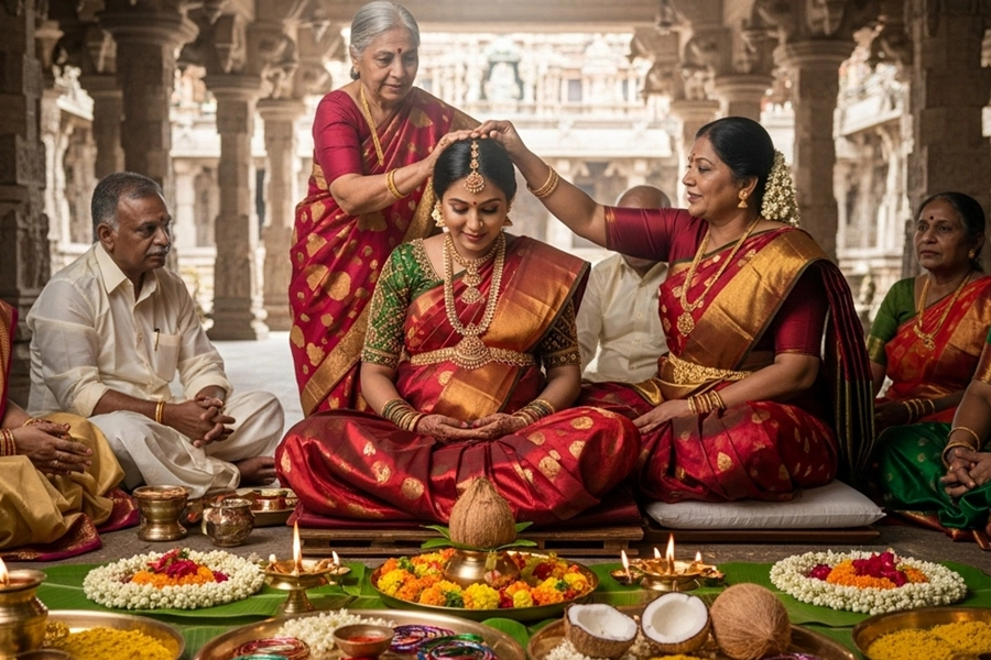 Seemantham function decoration in Trichy with cultural rituals floral backdrop & seating