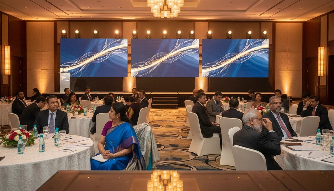 Corporate summit event setup in Trichy with stage lighting, audience seating & branding solution