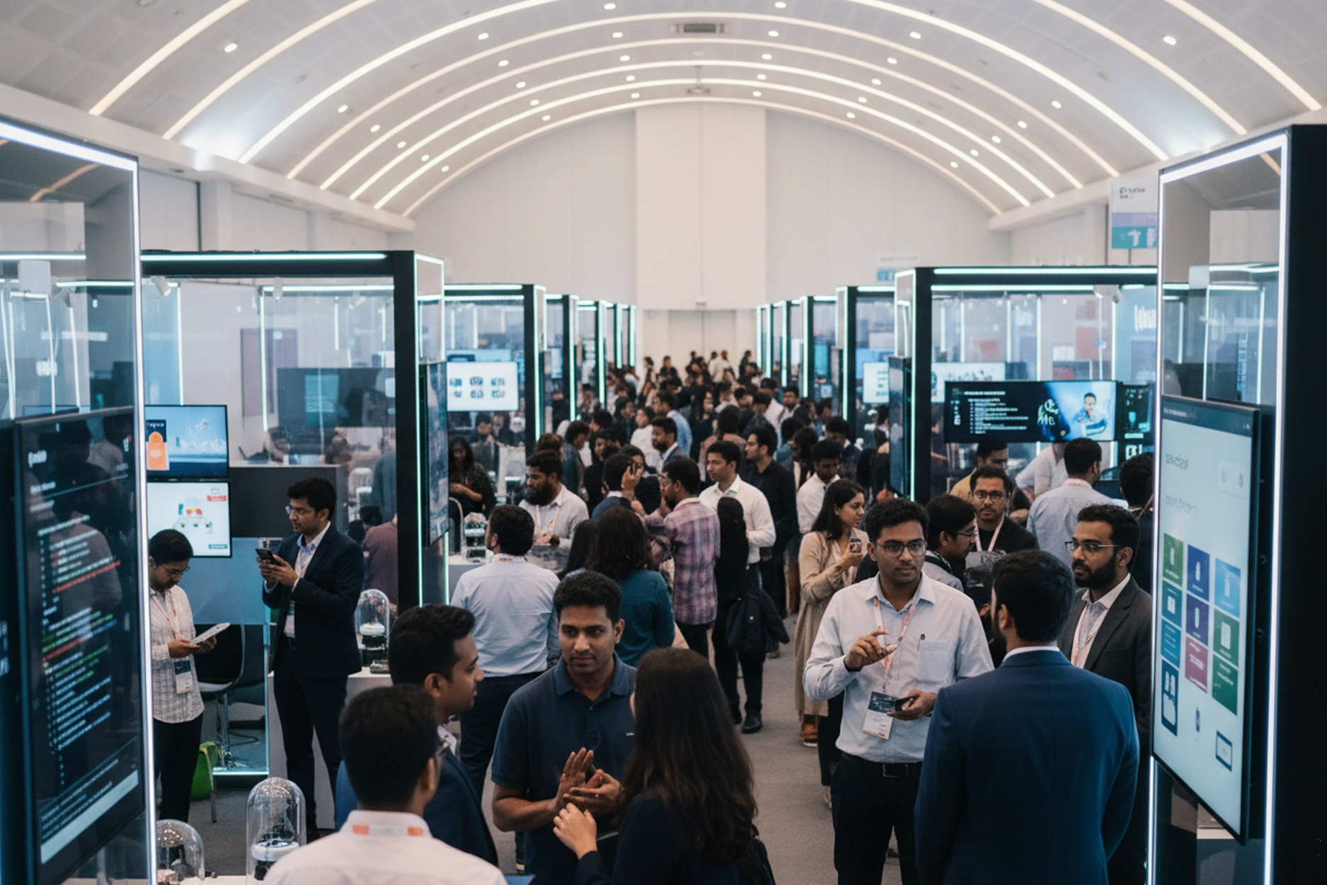 Trade show event setup with exhibition booths, lighting, & interactive displays for participants