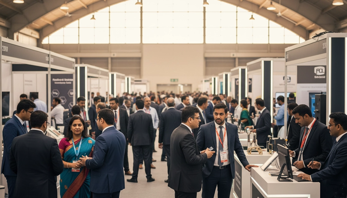 Trade show organizer in Trichy setting up booths, displays, & managing attendee participation