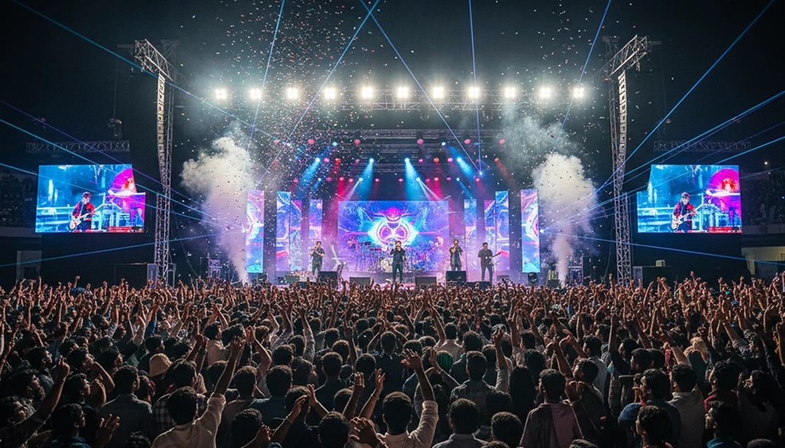 Live concert event celebration in Trichy with music, stage, crowd engagement & lighting setup