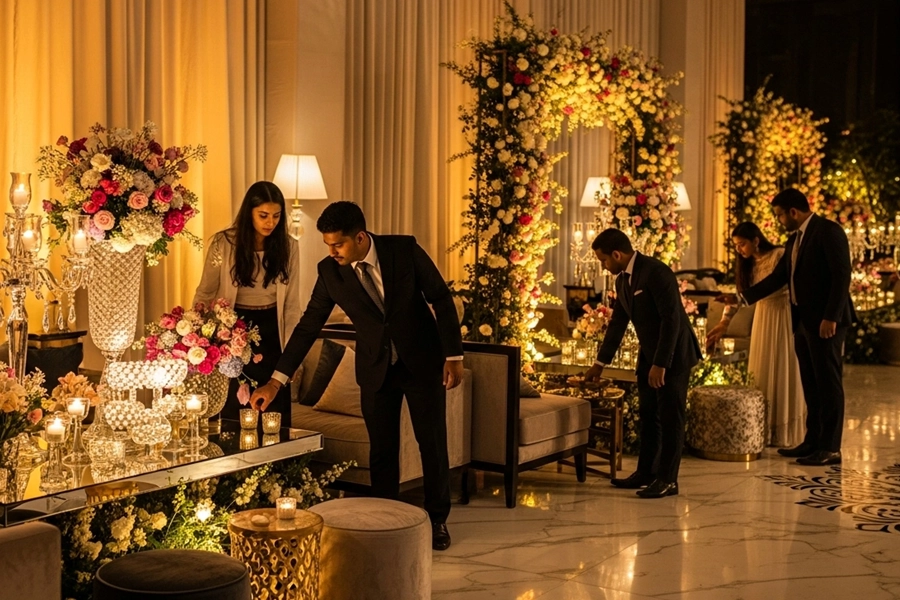 Luxury lifestyle event setup in Trichy with elegant decor lighting dining & entertainment arrangements