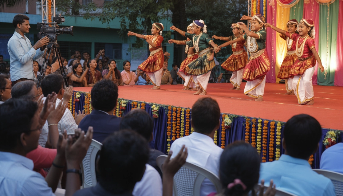 School & college cultural event stage performance with students dancing in traditional attire